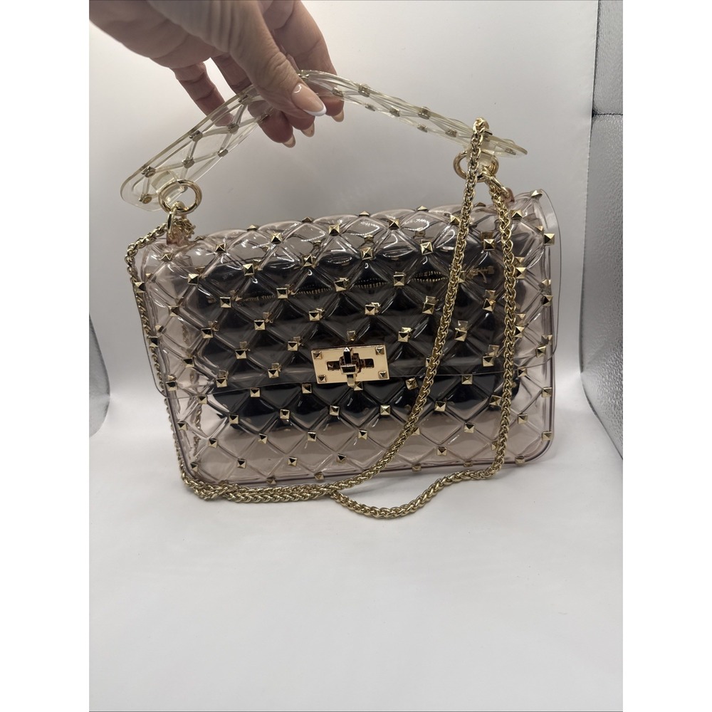 Clear Quilted Rockstud Shoulder Bag Gold Chain Strap PVC Transparent Black Pouch - Picture 5 of 9